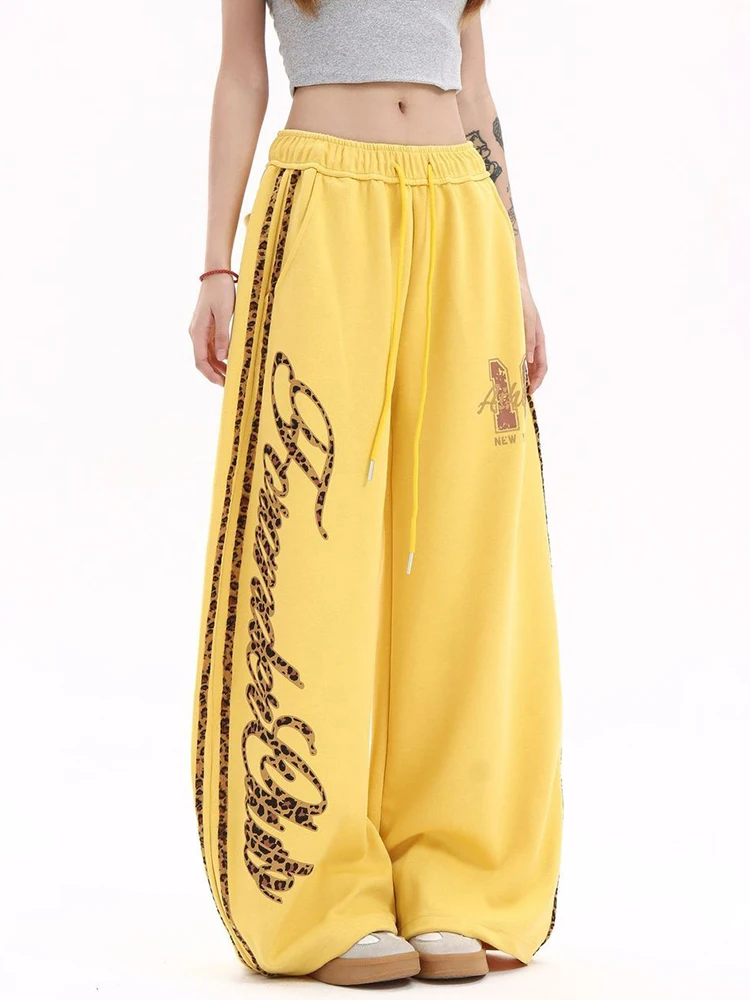 Streetwear Leopard Letter Pant Women Vintage American High Waist Hip Hop Striped Trousers Fall Winter Harajuku Bf Loose Pants