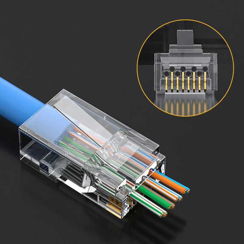 Соединитель RJ45 50U Cat6 UTP для прокола, двухрядные отверстия, прозрачные Позолоченные кабели Ethernet, сетевые магнитные головки