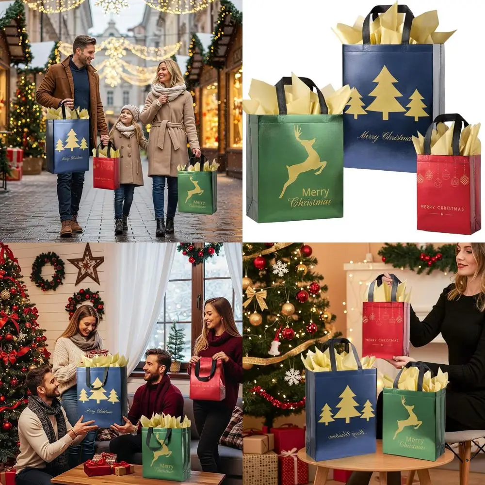

Assorted Christmas Gift Bags - 36 Pack with Tissue Paper, 12 Extra Large 16, 12 Large 12, 12 Medium 9, Reusable Red, Green, Blue