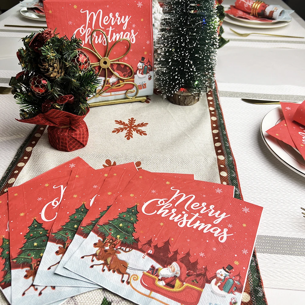 20pcs Merry Christmas Party Napkins Lucky Red Christmas Dinner Table Napkins Paper  Safe Fragrant Free Soft Mouth Wiping Tissue