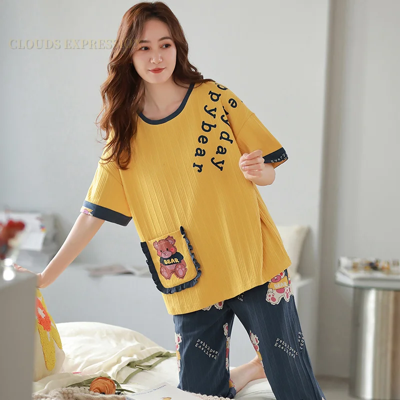 Summer Cartoon Bear Womens Pajama Sets Ladies Female Nightwear Casual Pyjama Capris Pants Yellow Sleepwear Suits Home Clothing