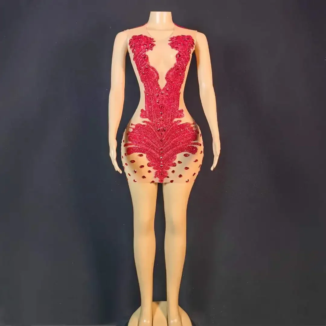 Sukienka z siateczki, zdobiona czerwonymi kryształkami, dla kobiet, na urodziny, dla showgirl, piosenkarki, na imprezę, bez rękawów, aksamitna, kostium sceniczny, DS, drag queen.