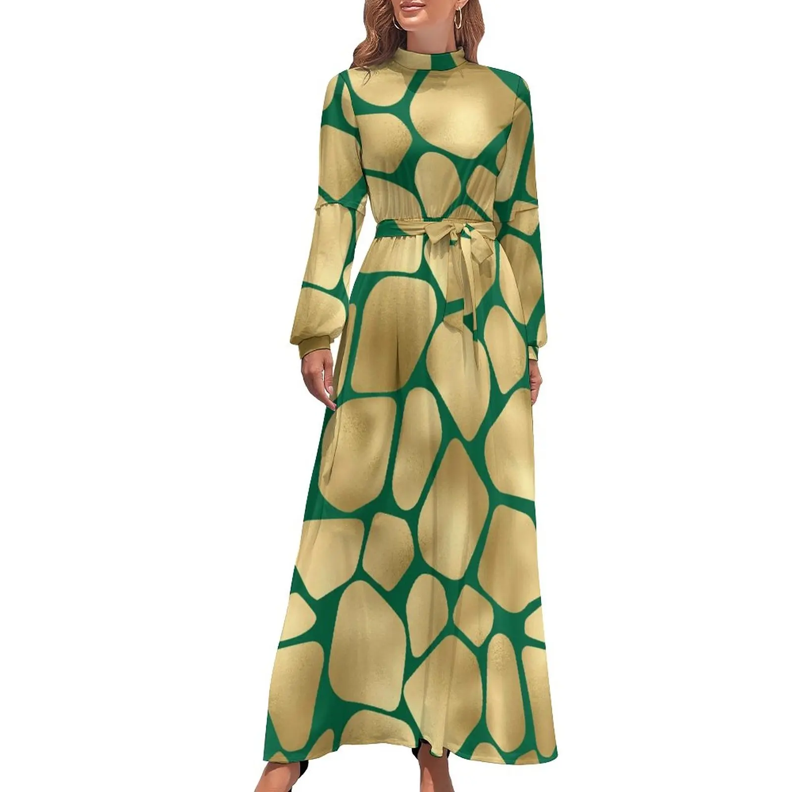 Giraffe Print Dress High Waist Green and Gold Pattern Beach Dresses Long-Sleeve Street Fashion Long Maxi Dress Elegant Clothes