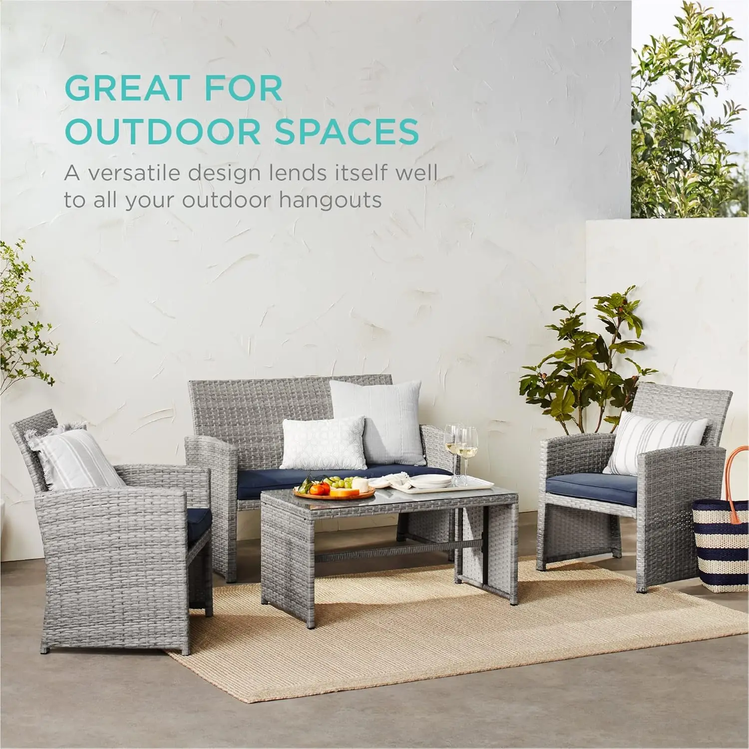 4-Piece Outdoor Wicker Patio Conversation Furniture Set for Backyard w/Coffee Table, Seat Cushions - Gray