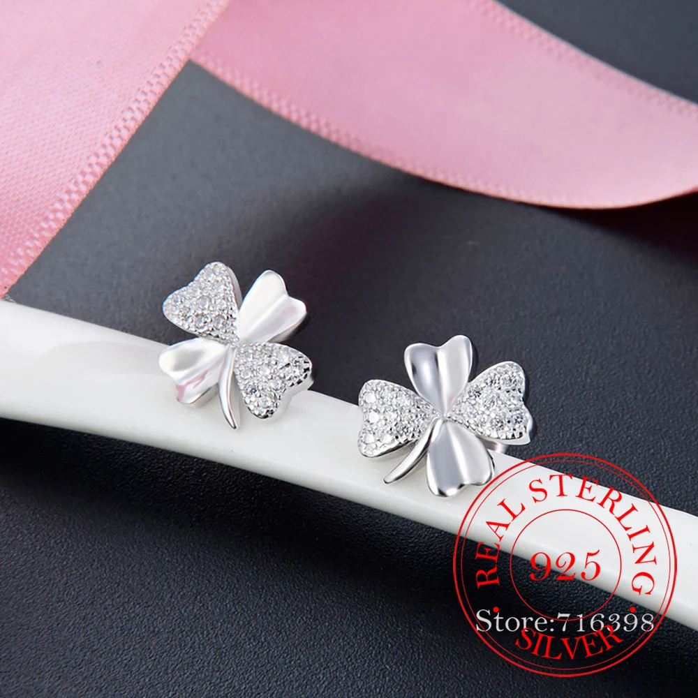 Original 925 Sterling Silver Minimalist Clover Stud Earrings For Women Girls Cute Fine Jewelry Lucky boucle oreille femme