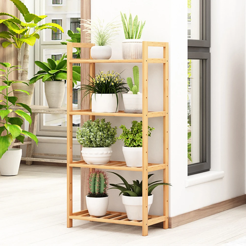 4-stufiger Bambus-Pflanzenständer, 50 cm breit, mehrschichtiges Blumentopf-Aufbewahrungsregal, Innen- und Außenbereich, Balkon, Garten-Displayregal, Wohnzimmer-Dekor-Organizer
