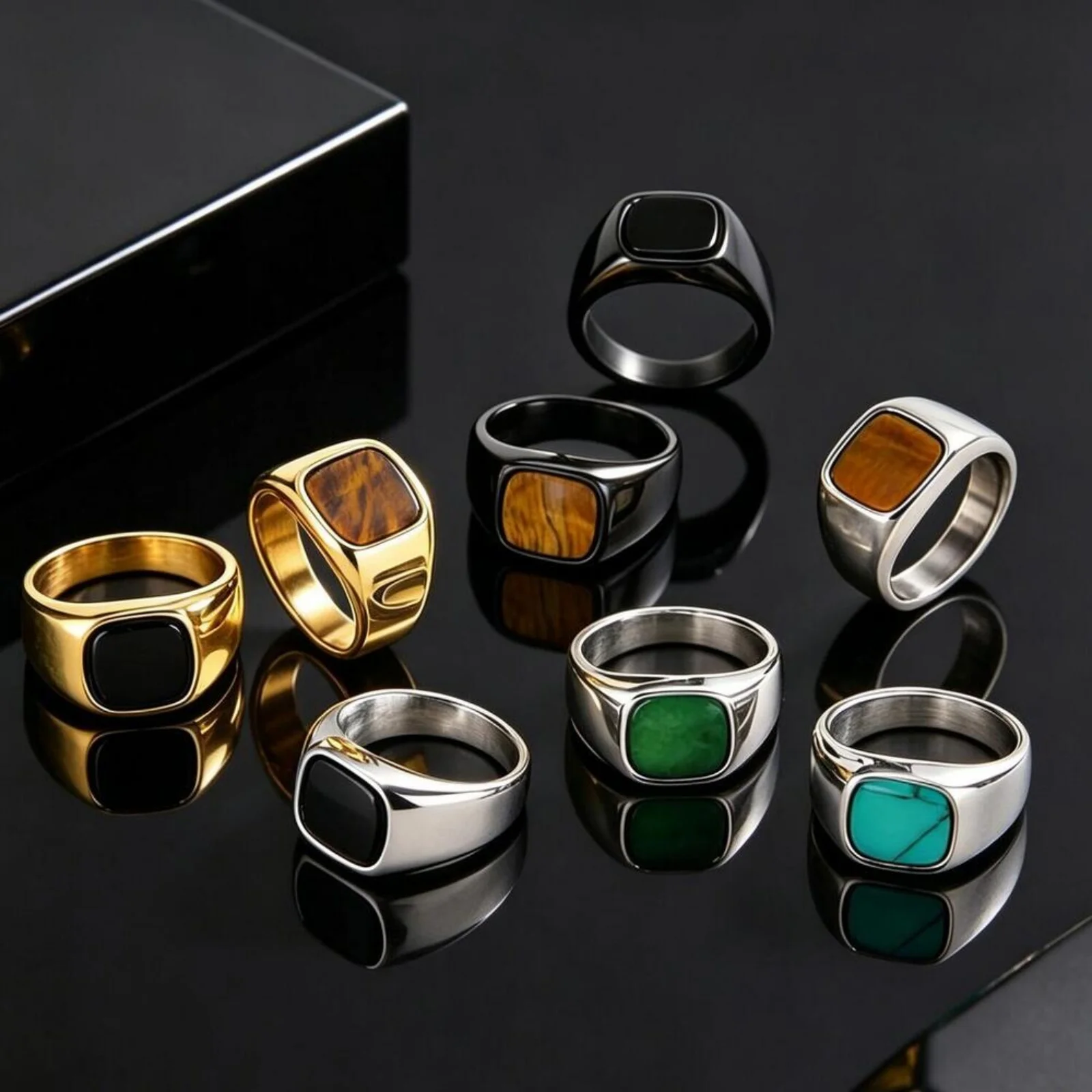 Vnox Quadratischer Siegelring für Herren, Edelstahl mit Tigerauge, Türkis und Onyx-Stein, Punk-Fingerband, Vintage-Schmuckgeschenk – Detail 2