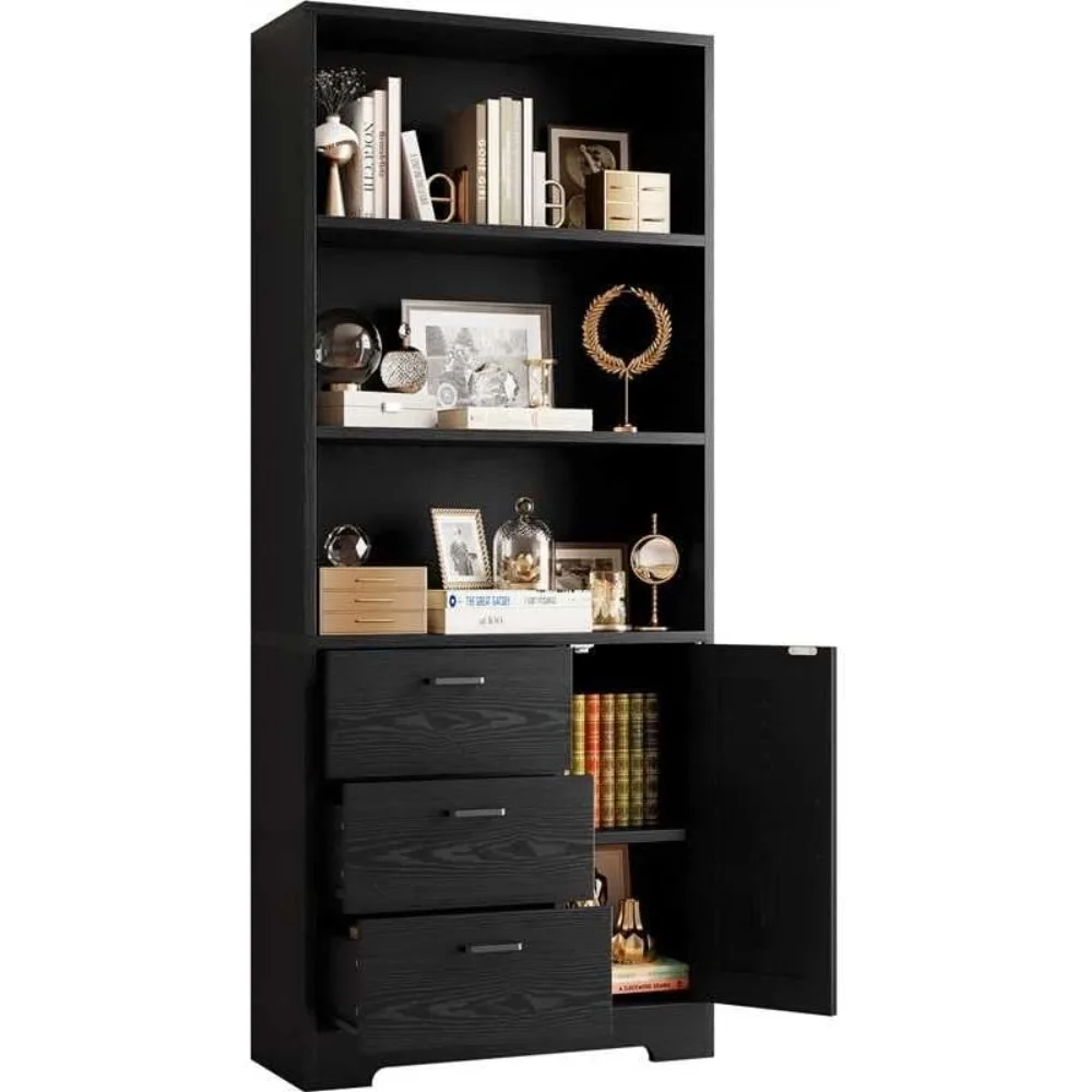 

Bookshelf with Door and 3 Drawers, 71in Tall Bookcase Shelf with 3-Tier Shelves, for Bedroom Living Room Entrance Hallway Home