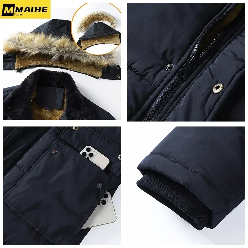 Men Fashion Hooded Fur Collar Jacket Classic Casual Parka Men 2024 Winter New Windproof Fleece Warm Thick Jacket Parkas Coat Men