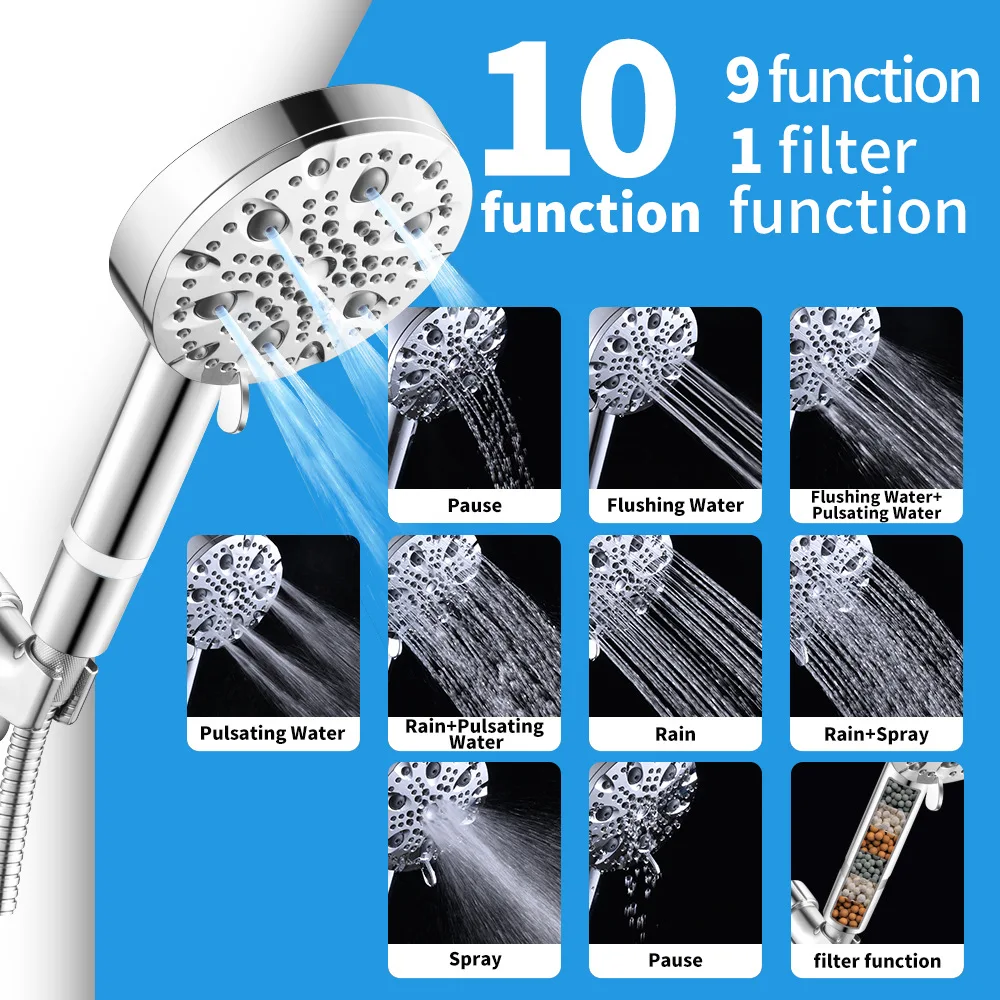 9 Spray Modes Water Flow Adjustment Filter Shower Head With Cartridge 10 Functions High Pressure Soft Water Handheld Shower Head