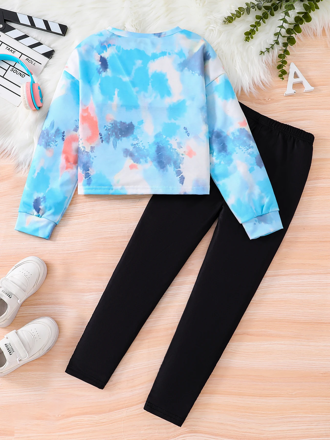 2-piece girls Spring and Autumn fashion tie-dye letter round neck long sleeve + black slim pants suit