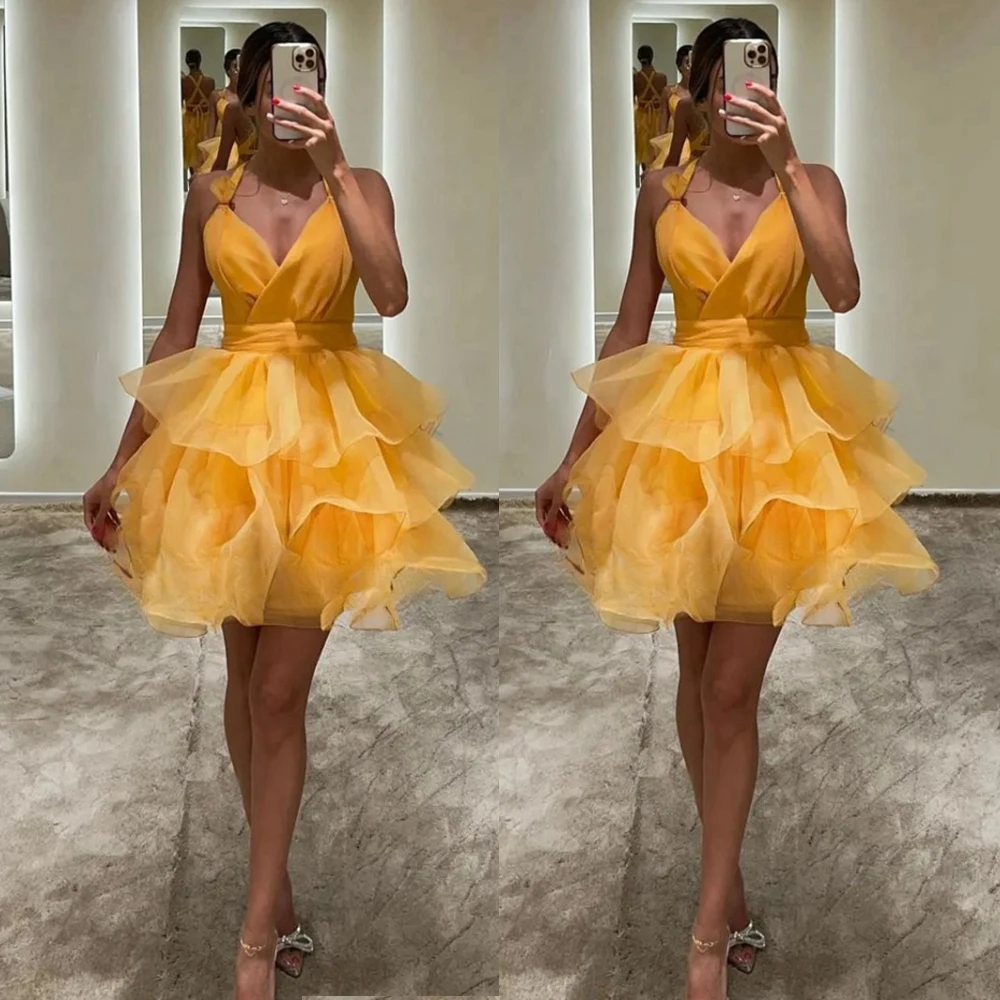 Orange Cocktail Dresses Short Backless Lace-up Homecoming Ball Gowns 2023 Pink Skirt V Neck Mini Party Dress Graduation Costume