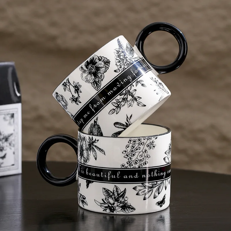 Xinzhongyou Mug Ceramic Mug Vintage Floral Print Coffee Mug Large Round Handle Ceramic Cup For Breakfast Tea Water Couple Gift H