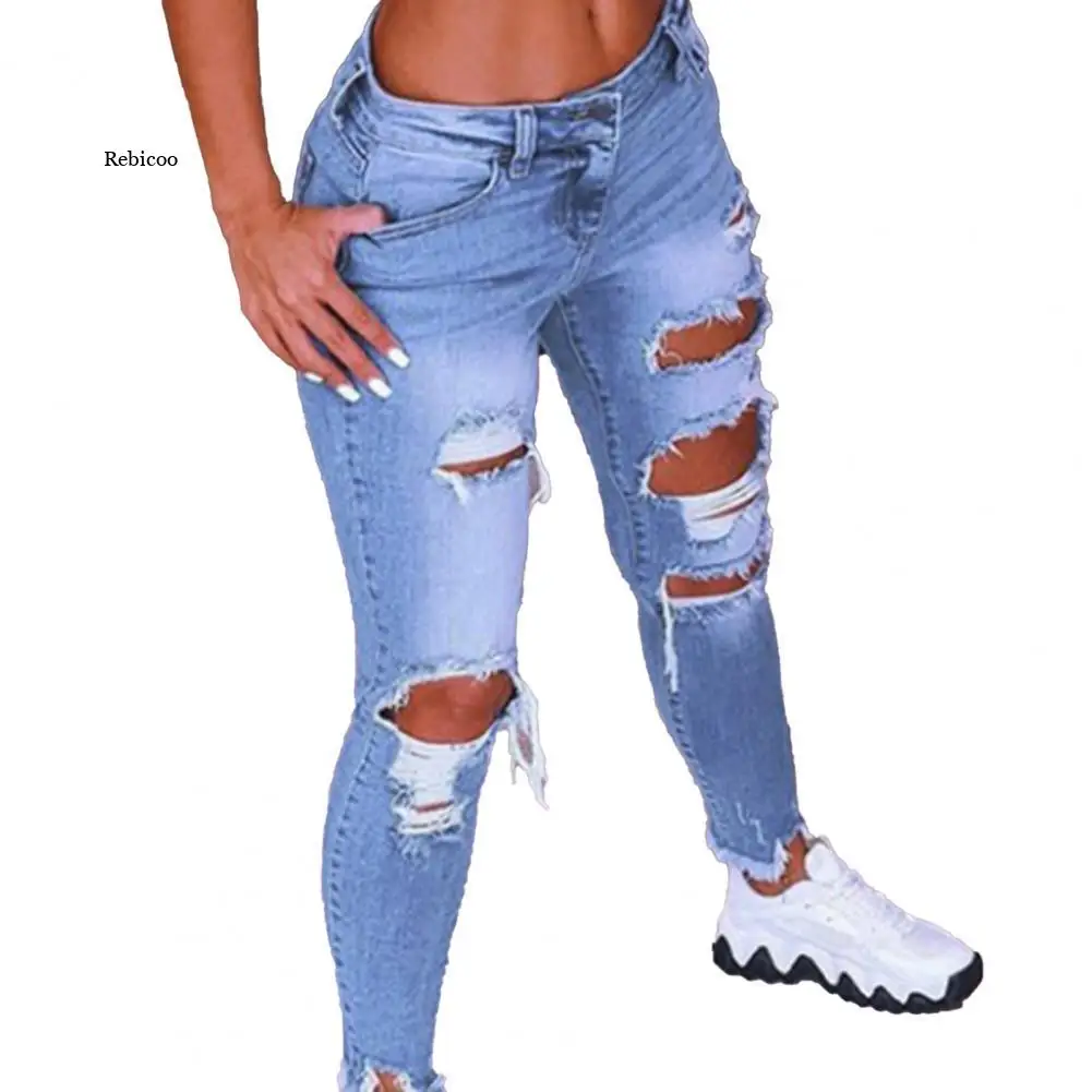 

Fashion Women Jeans Low Waist Hip Lift Ripped Holes Skinny Denim Pencil Pants Trousers Ripped Stretch Hole Pencil Pant