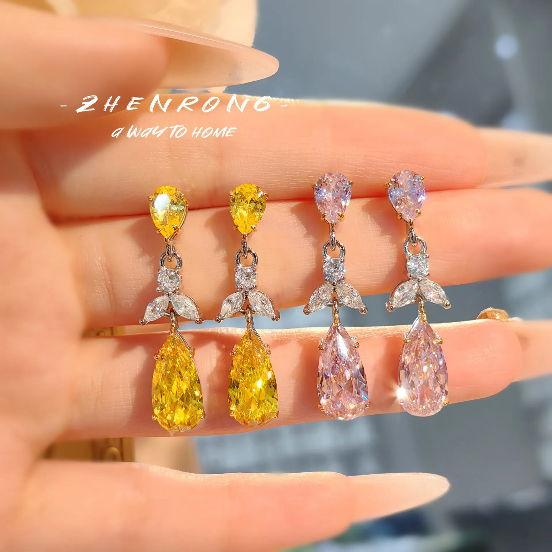 European American Luxury Water Drop-shaped Yellow/Pinkl Cubic Zirconia Earrings Women's Elegant Silver Color Long Drop Earring