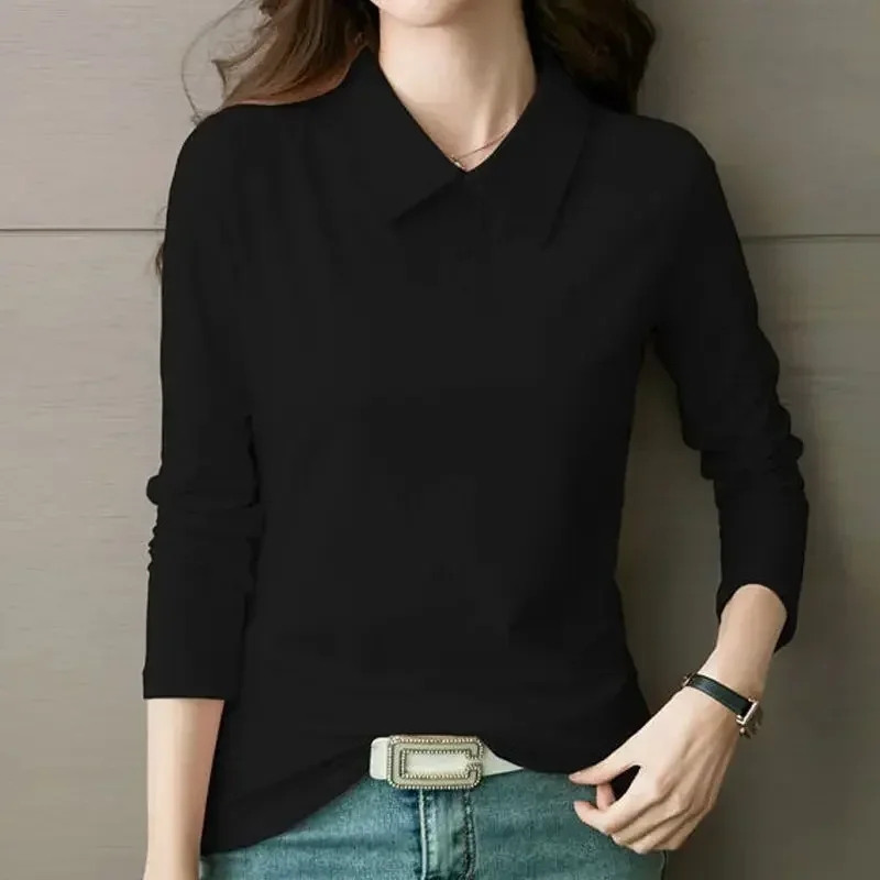 High Quality T-shirts 100℅ Cotton Female Tee Long Sleeve With Collar Korean Popular Clothes Basic Pretty Original Women\'s Polo