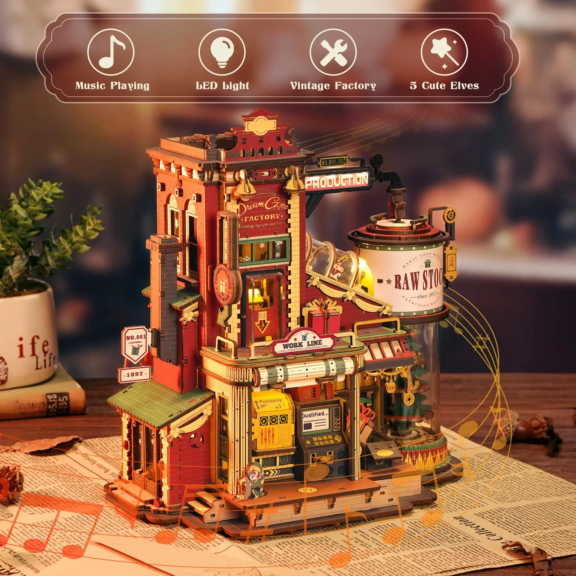 Robotime rookr sonho presente fábrica 3d quebra-cabeça de madeira presentes de natal brinquedo com luz e música para crianças kits de blocos de construção