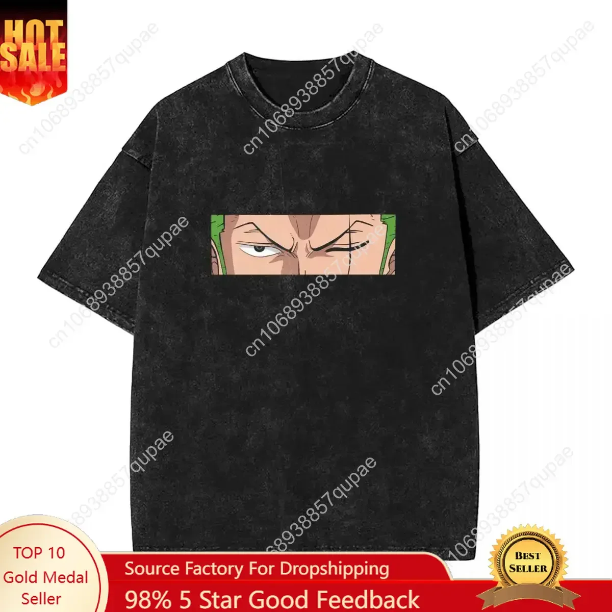 

Vintage Washed T Shirt Roronoa Zoro Eyes Typo Casual T-Shirts Anime Print Novelty Tshirt for Women Summer Y2K Classic Top Tees