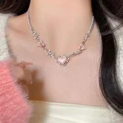 Y2k Pink Thorns Love Heart Necklace for Women 2023 Korean Fashion Stainless Steel Thorns Chains Choker Collar for Women Jewelry