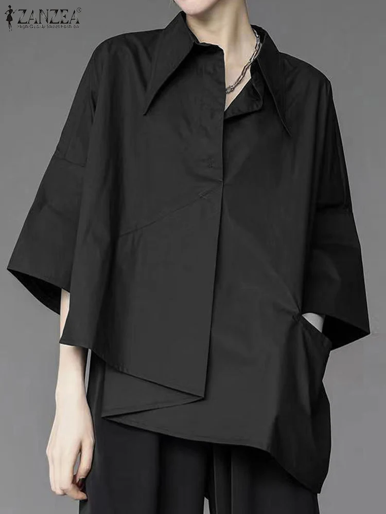 

ZANZEA Women Autumn Lapel Neck 3/4 Sleeve Shirt Fashion Asymmetrical Design Blouse Casual Loose Tops Solid Office Work Blusas
