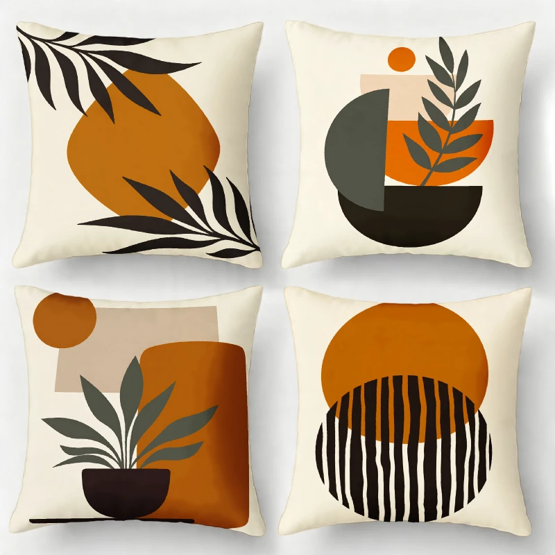 4Pcs, Bohemian Abstract Sunset Olive Leaf Pillow Covers, Single-Sided, Zipper Closure, Washable Polyester - Perfect for Sofa, Living Room, Bedroom Decor, Decorative Pillows.
