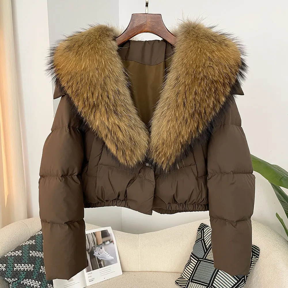 Real Fox Fur Jacket Women Big Real Fox Fur Collar Natural Thick Warm Duck Down Coat Short Outerwear Streetwear 2024 New Winter