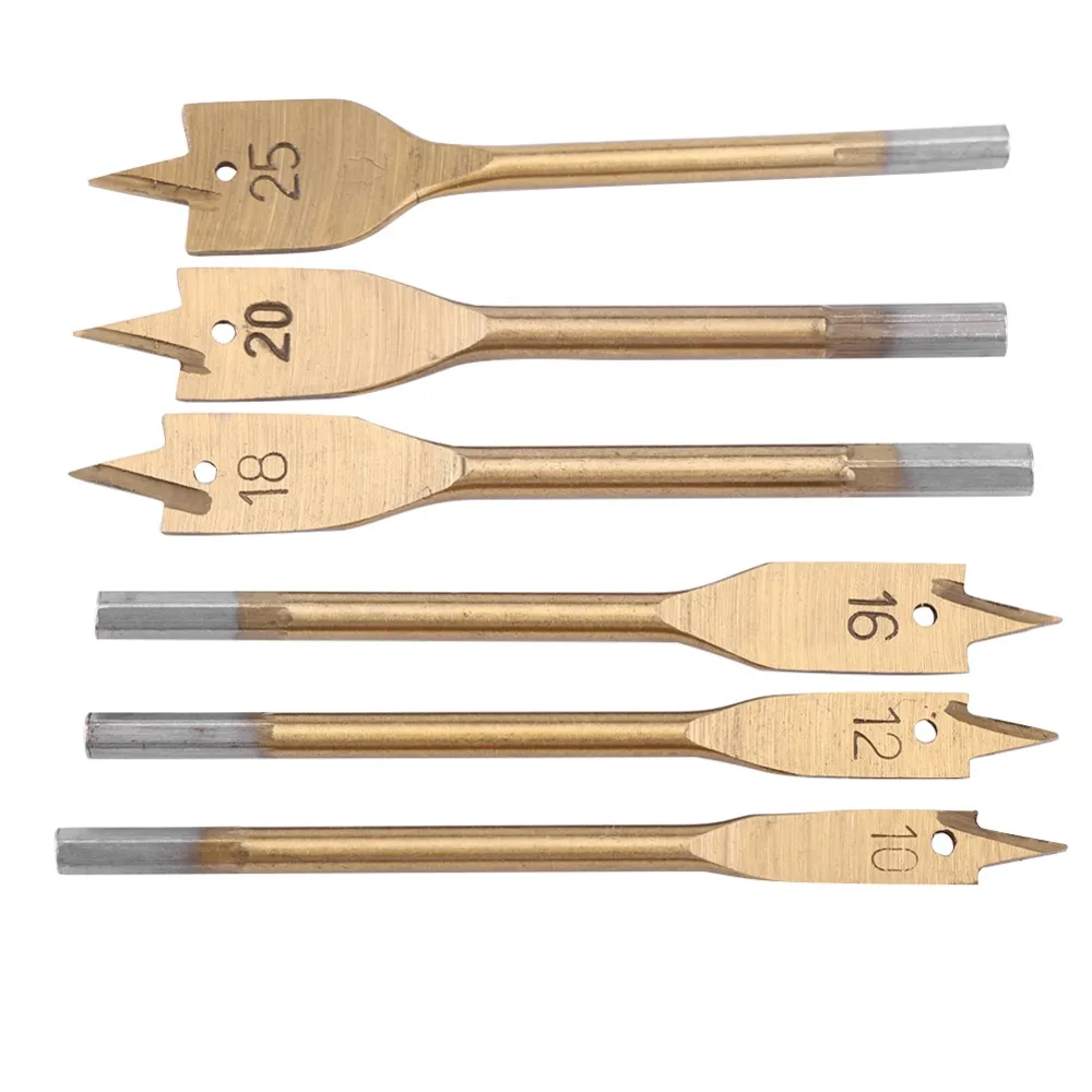 6PCS High Carbon Steel Spade Paddle Bits 6-Piece Set Hex Shank Wood Spade Drill Bit Kit 10-25mm Size Range Quick-Change Design