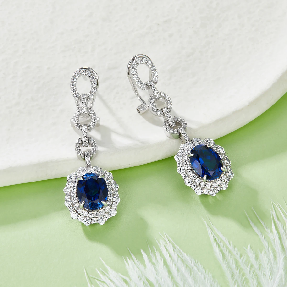 

Oval Ear Racket Artificial Ruby Sapphire S925 Sterling Silver Luxury Exquisite Fashion Long Earrings Banquet Wedding Jewelry