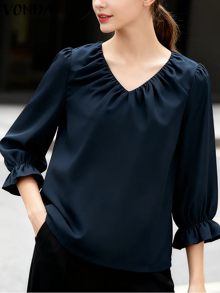 

VONDA Women Blouses 2025 Fashion V-Neck Office Lady Tops Autumn 3/4 Puff Sleeve Casual Shirts Korean Solid Blusas Femininas