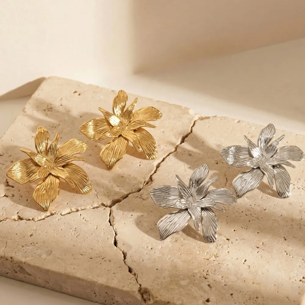 Boho Large Flower Earrings for Women 18k Gold Plated Stainlesss Steel Handmade Cast Floral Motifs Earring Chunky Stud Earrings