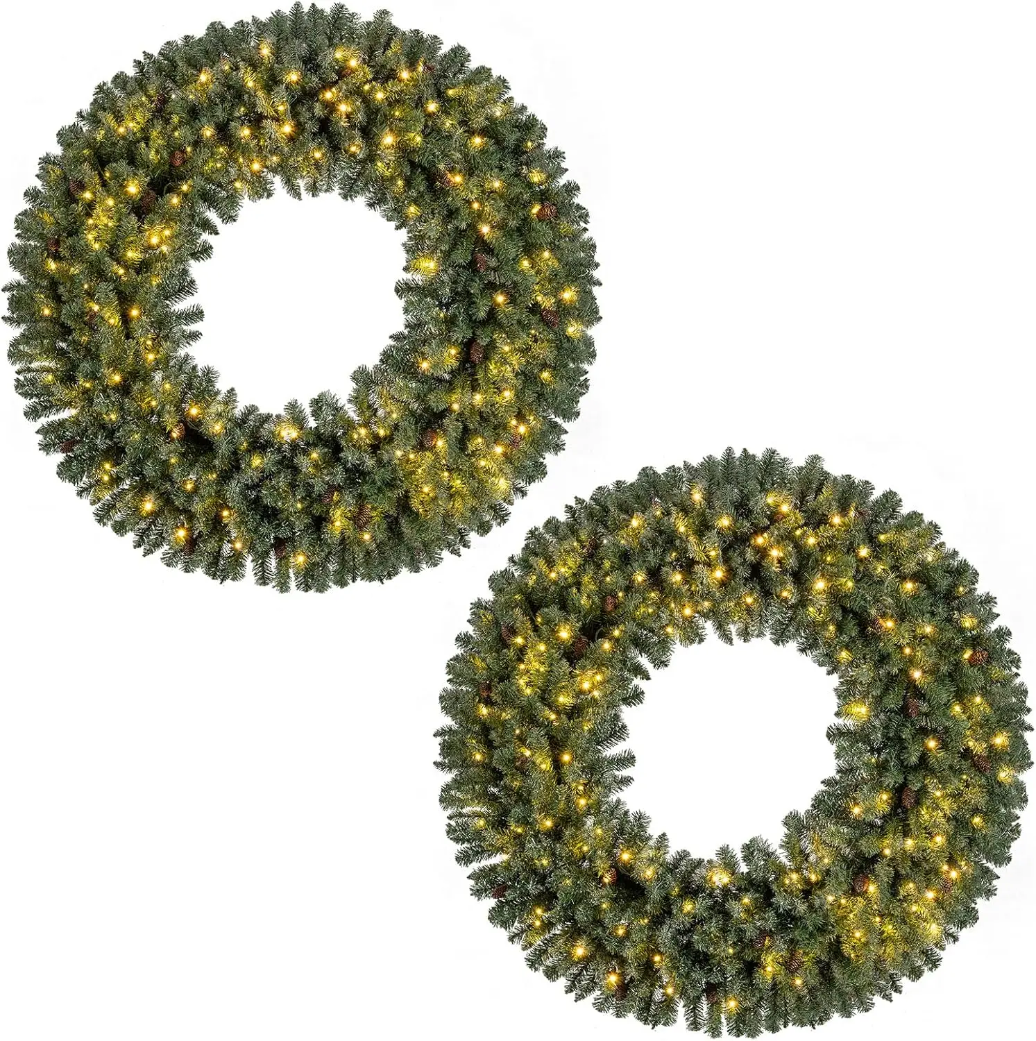 

60 Inch Large Pre-Lit Christmas Wreath, 2 Pack Lighted Artificial Winter Xmas Wreaths for Front Door with 200 LED Lights, 680 PV