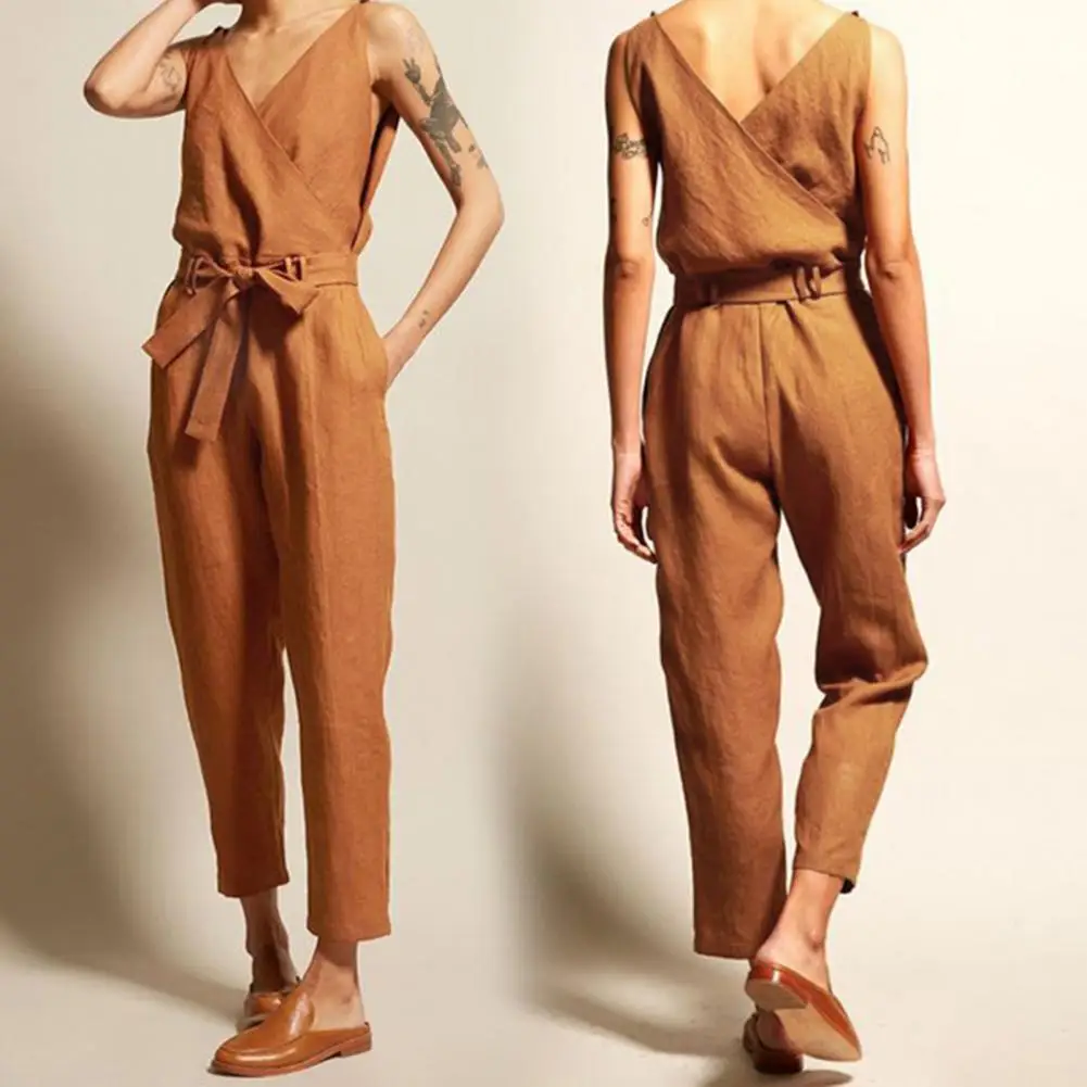 Jumpsuit Wanita Jumpsuit Berenda Leher V Rendah Tanpa Lengan Jenis Longgar Warna Solid Jumpsuit Musim Panas Romper Wanita Pakaian Bermain Bodysuit