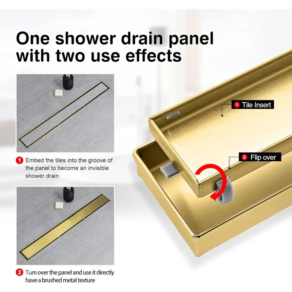 18 Inch Brushed Gold Shower Drain with Invisible Tile Insert Panel and Hair Strainer