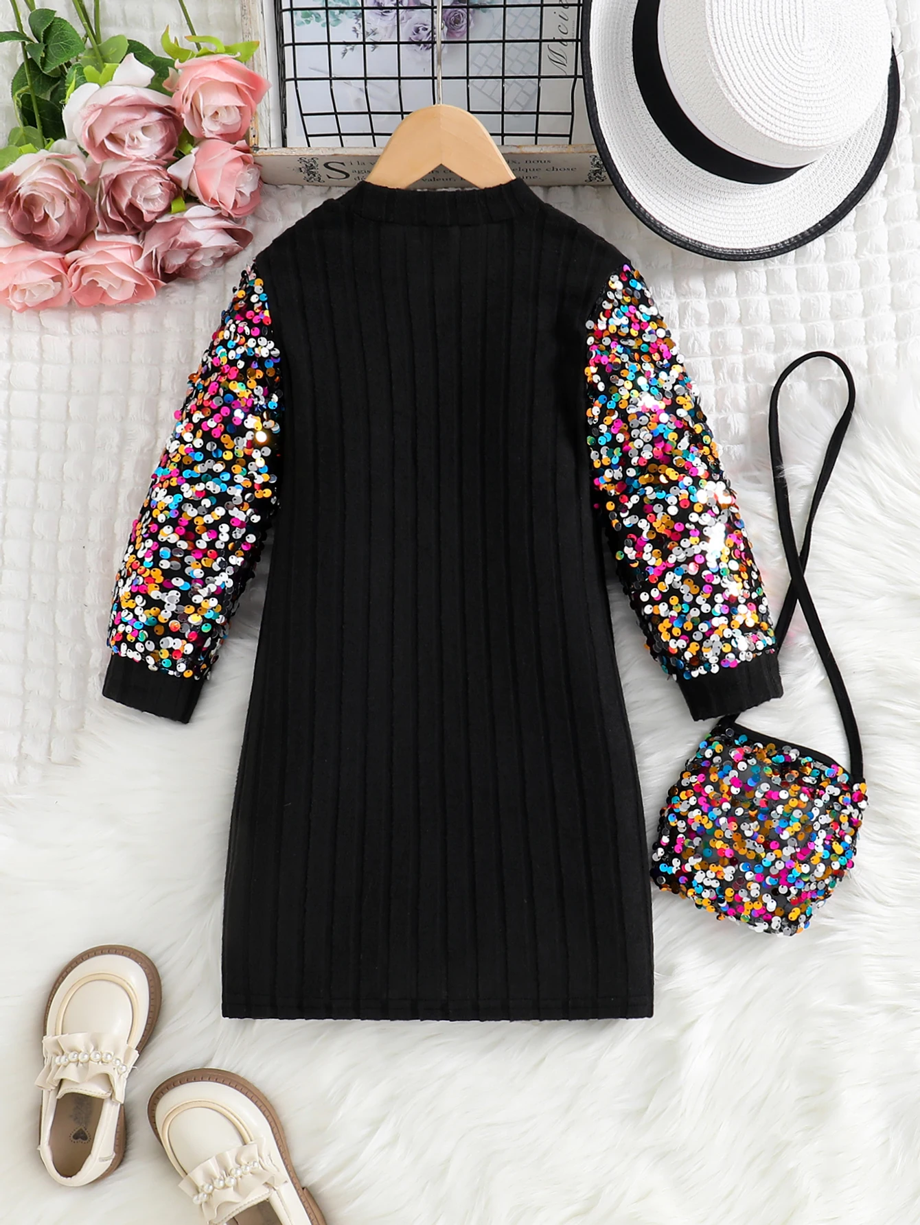 Autumn Winter Girl Outdoor Casual Girls Party Dress Fashion Round Neck Solid Pit Strip Sequin Long Sleeve Dress+Sequin Crossbody Bag