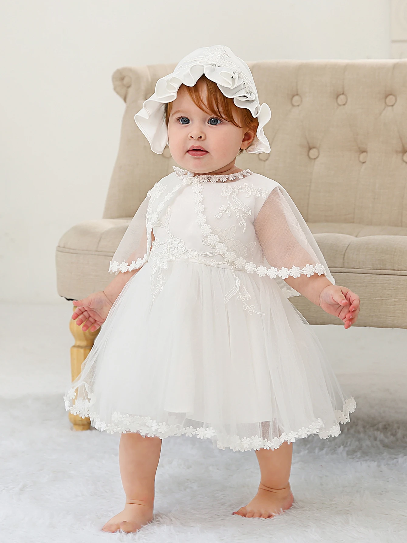 Baby Girl Dress Sleeveless Hooded Cloak Soft Satin Floral Embroidered Lace  Wedding Party Christening Dress Set with Hat