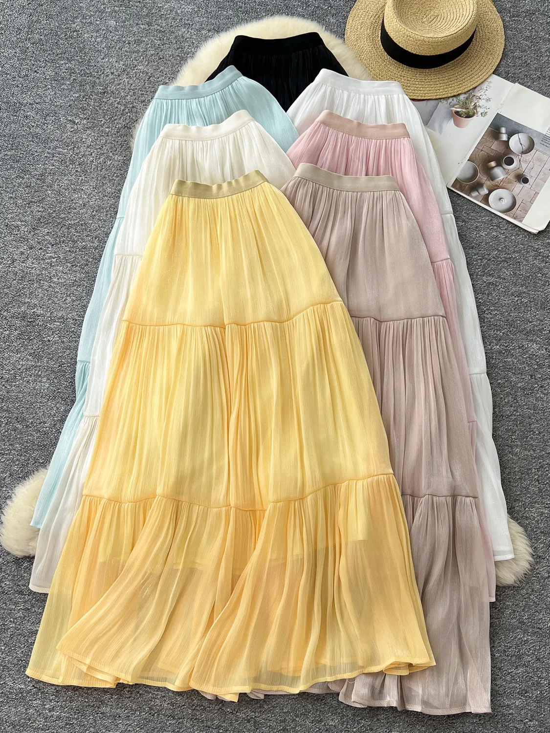 Sweet Pink Tiered Pleated Maxi Skirt Women Elastic High Waist Flowy Chiffon Long Skirt Summer Beach Vacation Casual Bottom