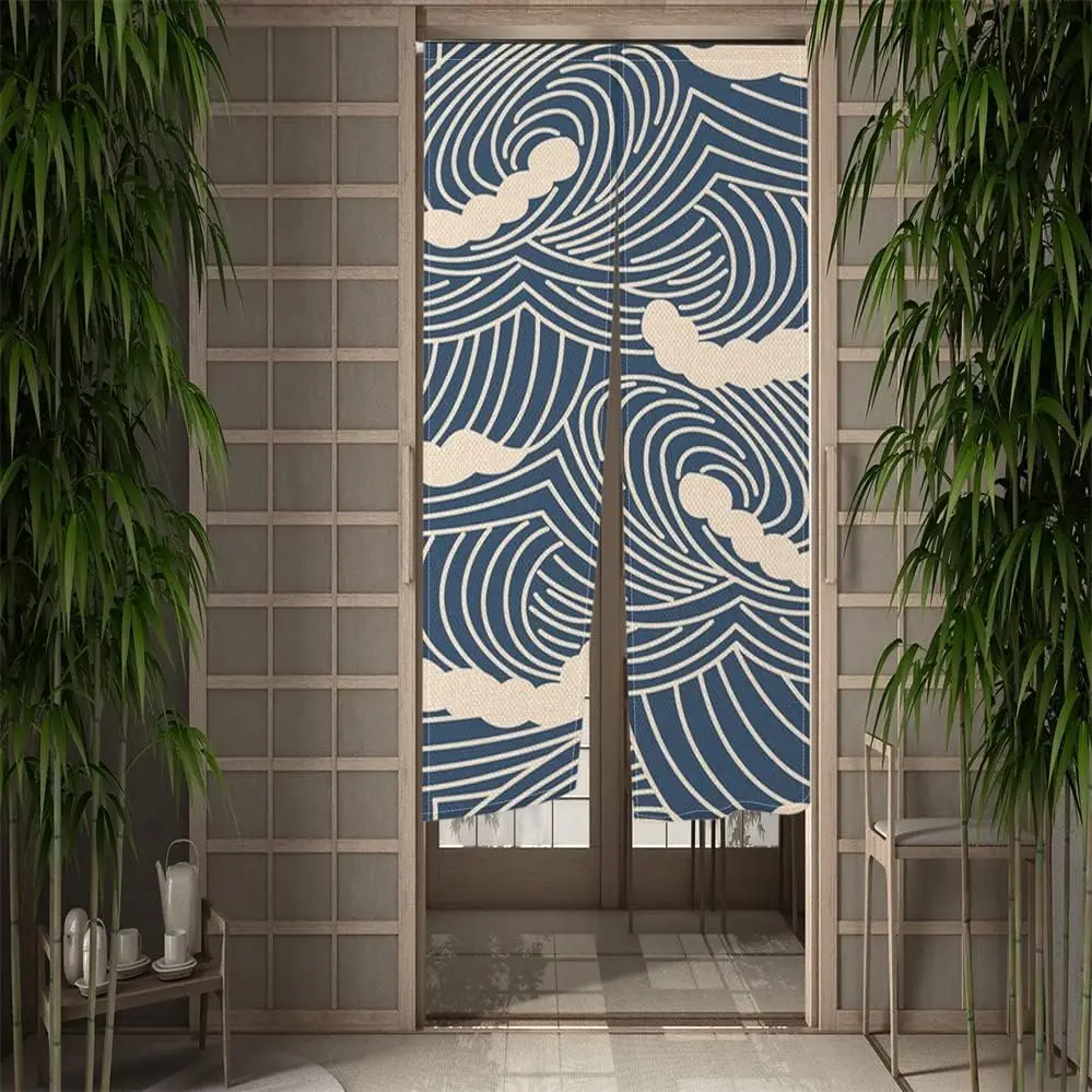 Japanese Wave Pattern Curtain Traditional Japanese Style Window Curtain for Home Cafe Restaurant Shop Decoration Blue Wave Print