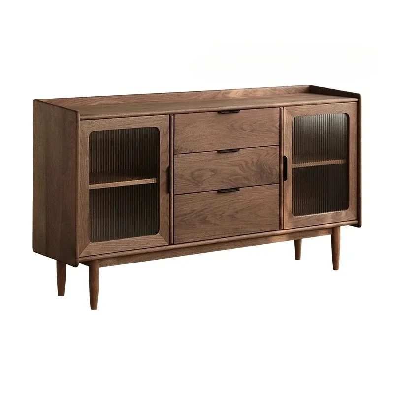 

B Nordic Style Black Walnut Wood Sideboard Cabinet Solid Wood Living Room Wall-Mounted Simple Glass of Tea Storage Cabinet