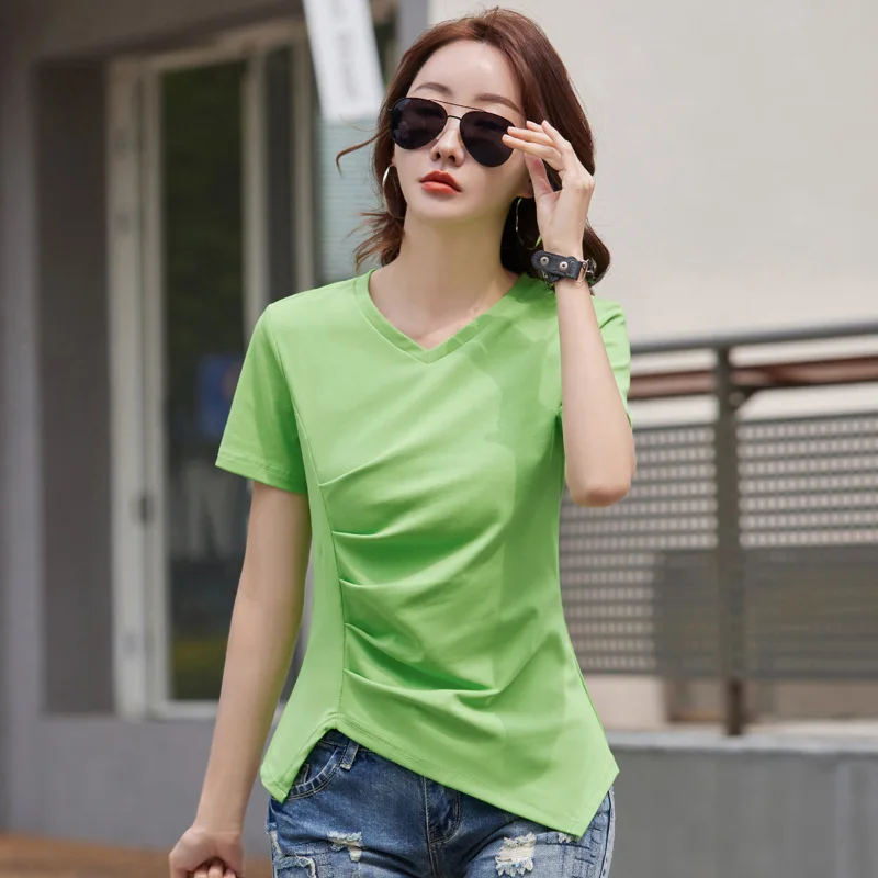 Nieregularne fałdy T-Shirt damski bawełniany krótki rękaw koreański modne ciuchy Tee Shirt Femme lato V dekolt