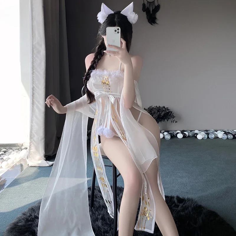 See Through Ancient Hanfu Sling Gauze Nightdress Cosplay Cheongsam Dress Uniform Erotic Temptation Costumes Women Sexy Lingerie