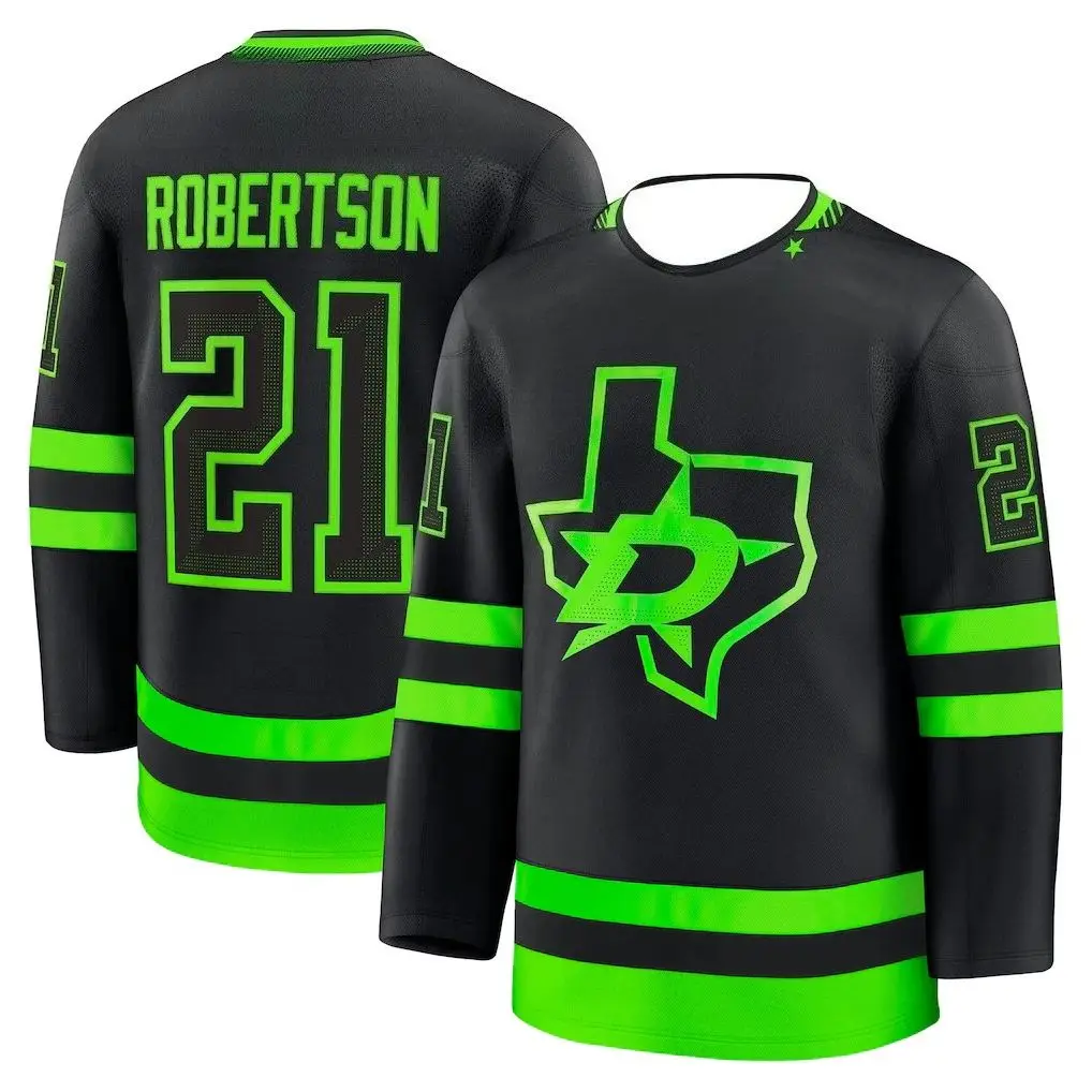 Camiseta de hockey sobre hielo, negra con detalles en verde neón, camiseta deportiva transpirable "Robertson 21" con logotipo de estrella "D", impresión 3D HD