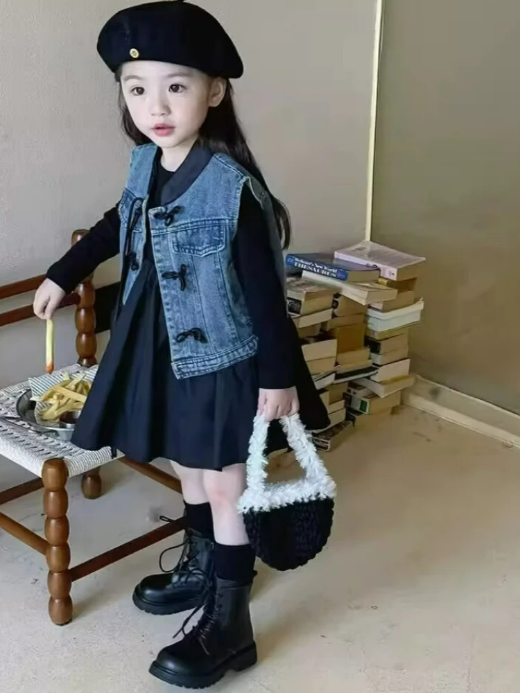 Girl's Temperament Dress Set Autumn Long Sleeved Dress Retro Button Denim Vest+black Base Dress 3-8-year-old Children's Clothing
