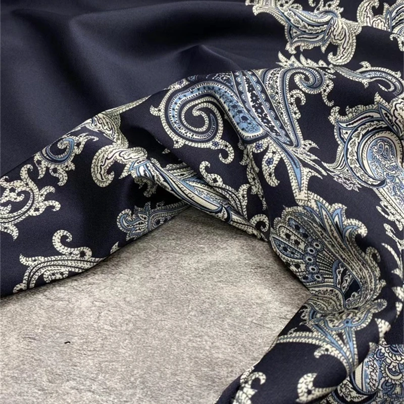 Classic Navy Blue Bottom Cashew Flower Twill Stretch Silk Fabric Grade Foreign Style Shirt Natural Designer Clothing Fabric Diy