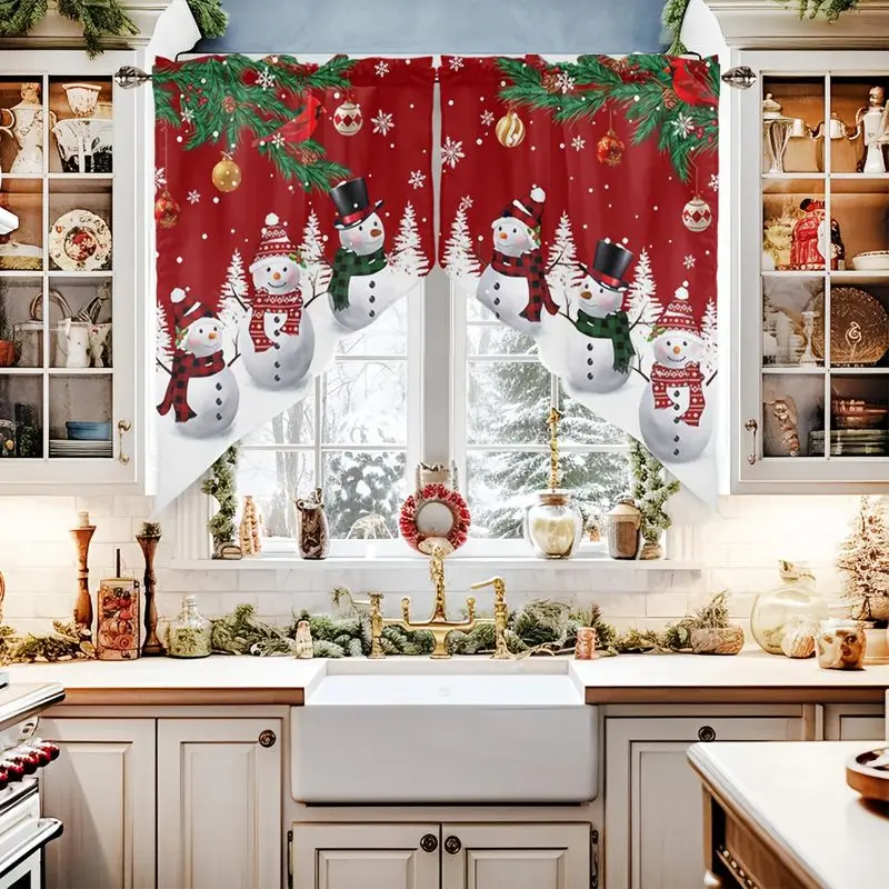 VIKAMA Christmas Triangle Curtain Red Snowman Pine Bauble Cardinal Print Swag Valance For Kitchen Window Living Room Decor