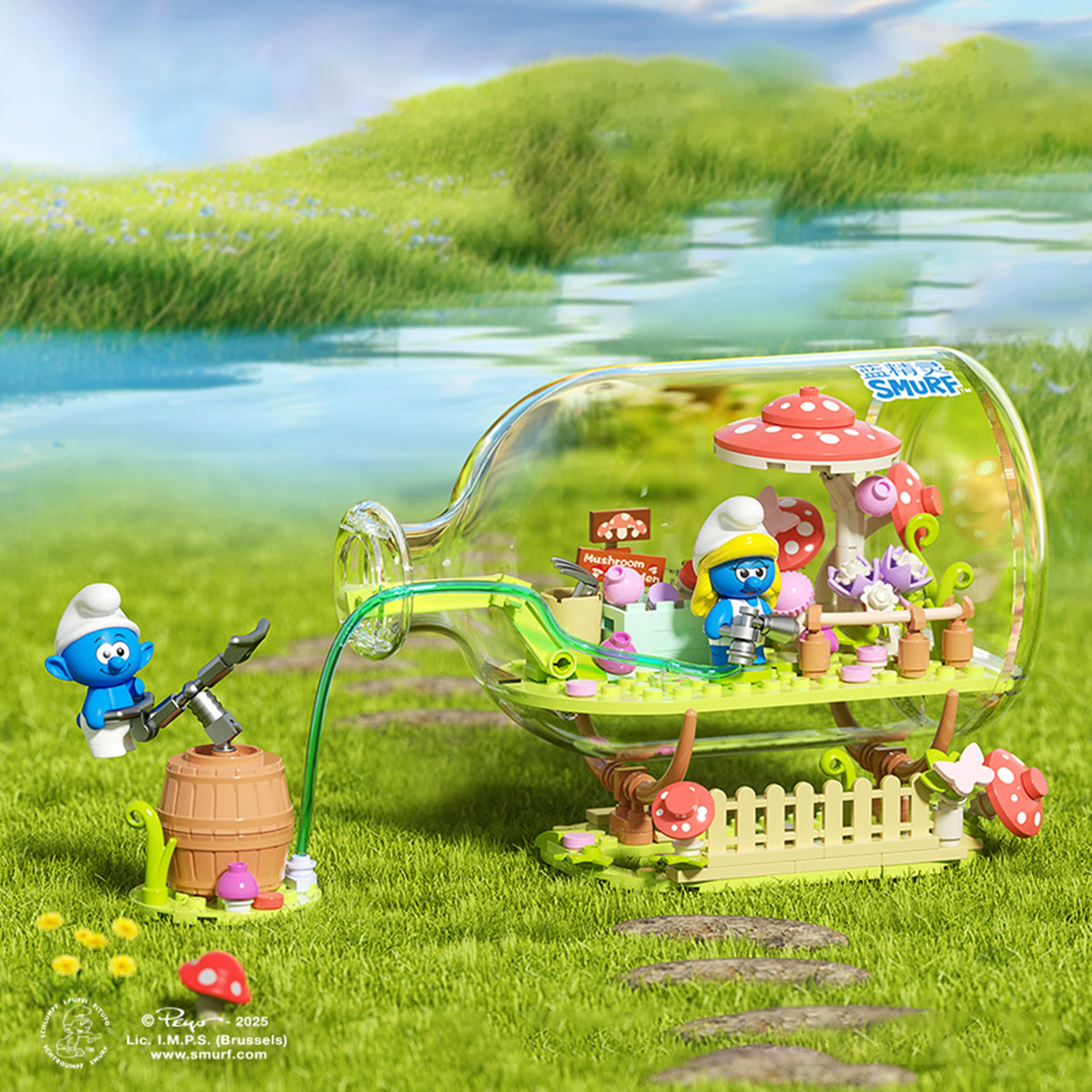 ชุดตัวต่อบล็อกสร้างสรรค์ DIY รูปแบบสร้างโมเดลของเล่นเด็กเพื่อการศึกษา ชุดข้อความจากสมูร์ฟในขวดพร้อมบ้านน้ำผลไม้ในป่า