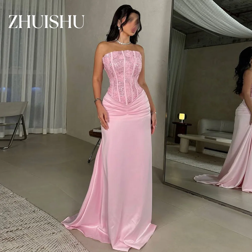 

ZHUISHU Pink Strapless Saudi Evening Gown Customized Sequined Luxury Banquet Party Gown Formal Event Dresses
