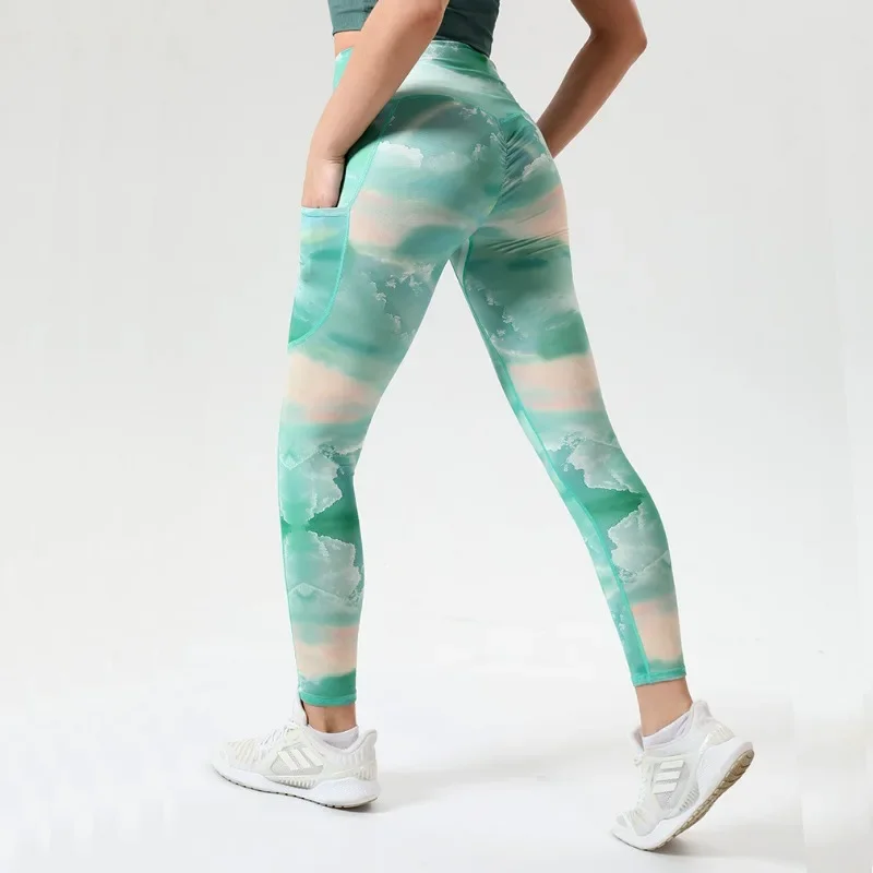 Damskie bezszwowe legginsy treningowe Tie Dye kieszeń z wysokim stanem sportowe legginsy nowe seksowne rozciągliwe spodnie do joggingu Fitness