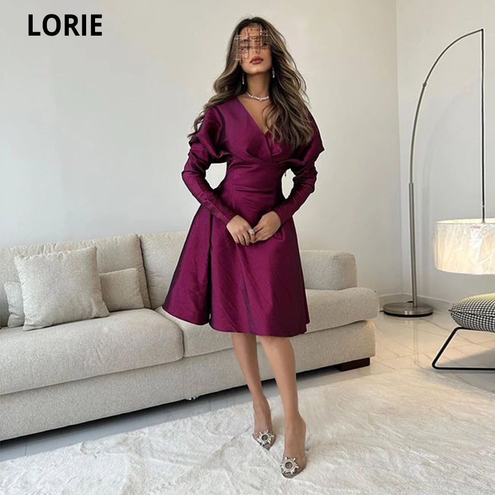 

LORIE Saudi Arabia Deep Purple Prom Dresses 2023 V-neck A-Line Short Prom Gowns Long Sleeves Tea-Length Dubai Formal Party Gowns