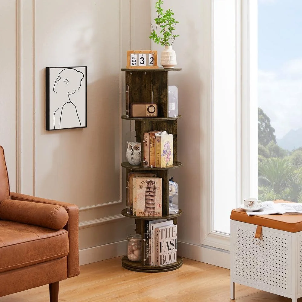 Brown 4 Tier Rotating Bookshelf - 360 View Display Unique Revolving Storage Rack for Spinning Small Bookcase for Kids
