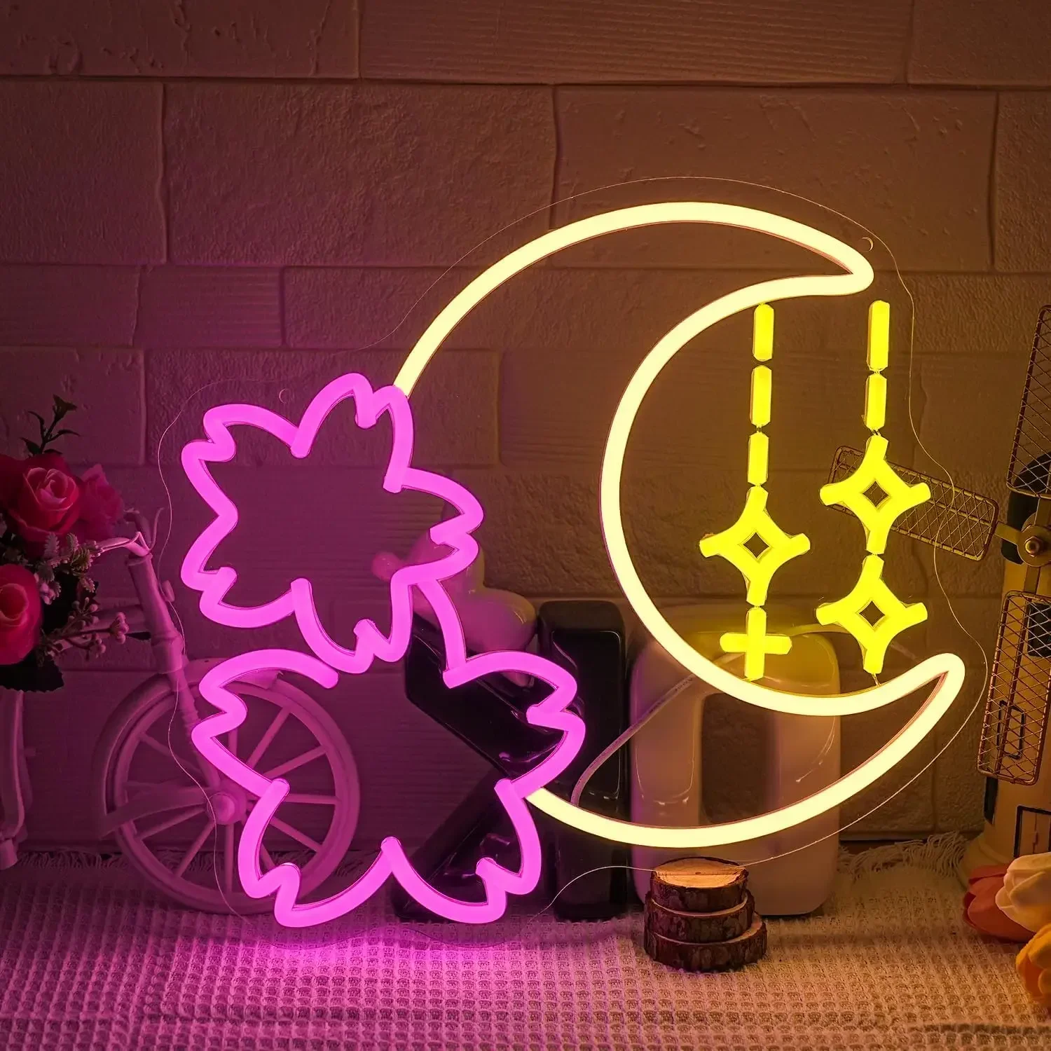 LED Sakura Moon Neon Sign Light for Wall Decor USB Powered Adjustable Brightness for Game Room Bedroom Living Room Decor Gift